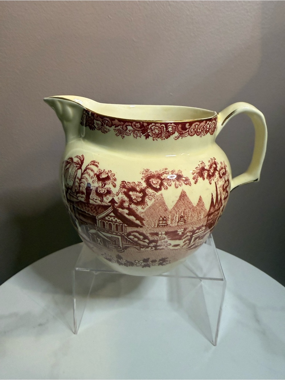 Red Transferware Ceramic Pitcher with Scenic Pattern